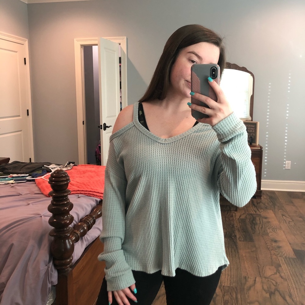 Cold shoulder waffle knit top